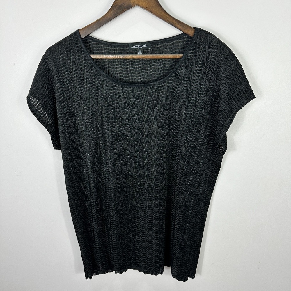 Notations Woman Top 1X Black Textured Crinkle Knit Stretch Blouse Boho Career